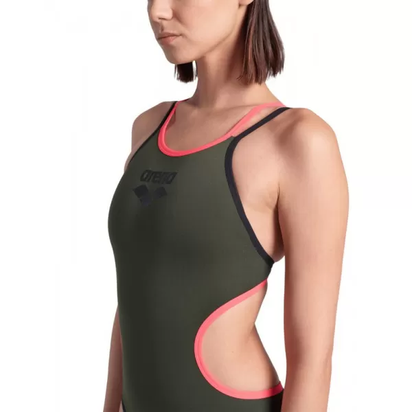 W ARENA ONE DOUBLE CROSS BACK ONE PIECE DARK SAGE-BLACK-FLUO RED 