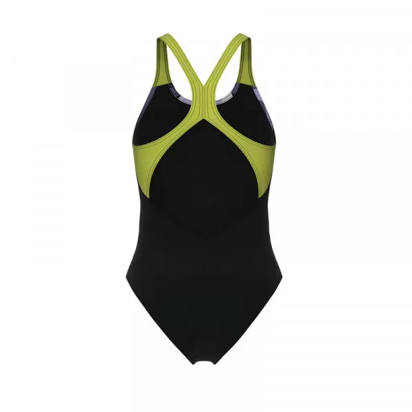 WUMENS ARENA WAVES BREAKING SWIMSUIT V BACK BLACK MULTI-BLACK-SOFT GREEN ŽENSKI KUPAĆI KOSTIM 