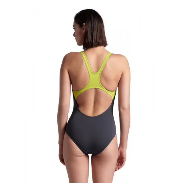 WOMENS ARENA REFLECTING SWIMSUIT SWIM PRO BACK ASPHALT-SOFT GREEN 