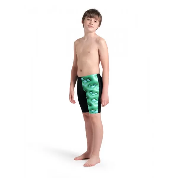 BOYS ARENA LOGO GRAPHIC SWIM JAMMER BLACK-SOFT GREEN MULTI 
