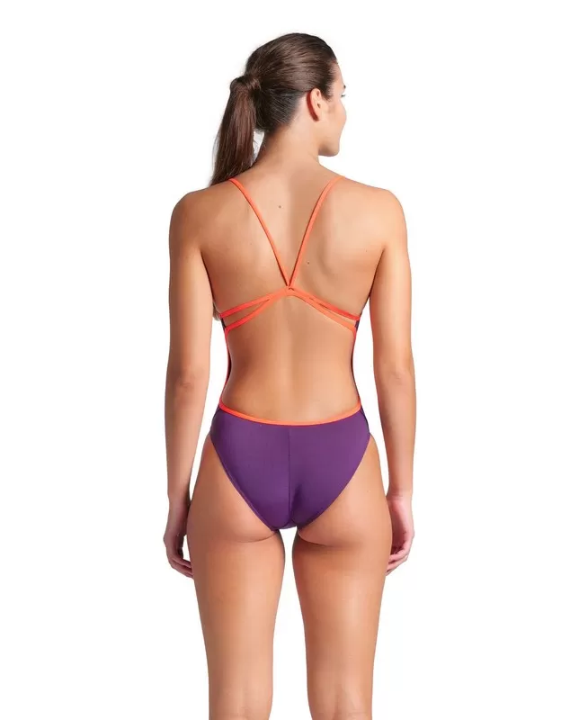 W SWIMSUIT LACE BACK SOLID PLUM-BRIGHT CORAL 