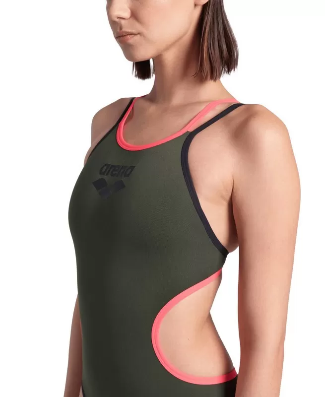 W ARENA ONE DOUBLE CROSS BACK ONE PIECE DARK SAGE-BLACK-FLUO RED 