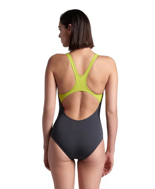 WOMENS ARENA REFLECTING SWIMSUIT SWIM PRO BACK ASPHALT-SOFT GREEN 