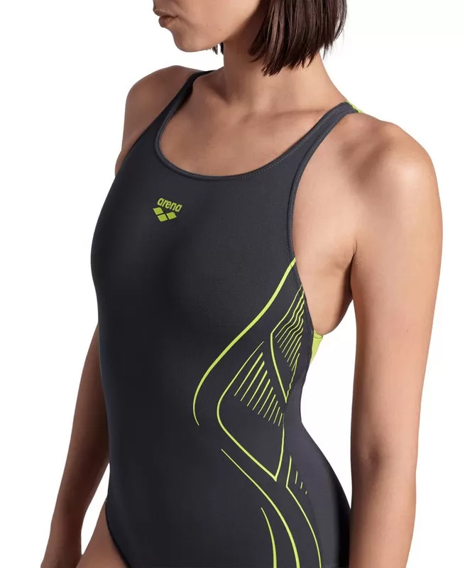 WOMENS ARENA REFLECTING SWIMSUIT SWIM PRO BACK ASPHALT-SOFT GREEN 