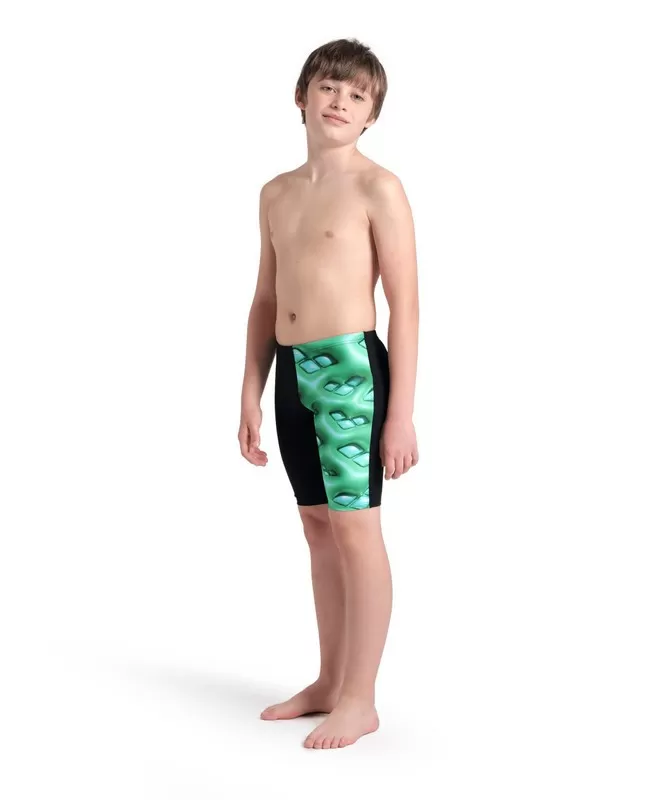 BOYS ARENA LOGO GRAPHIC SWIM JAMMER BLACK-SOFT GREEN MULTI 